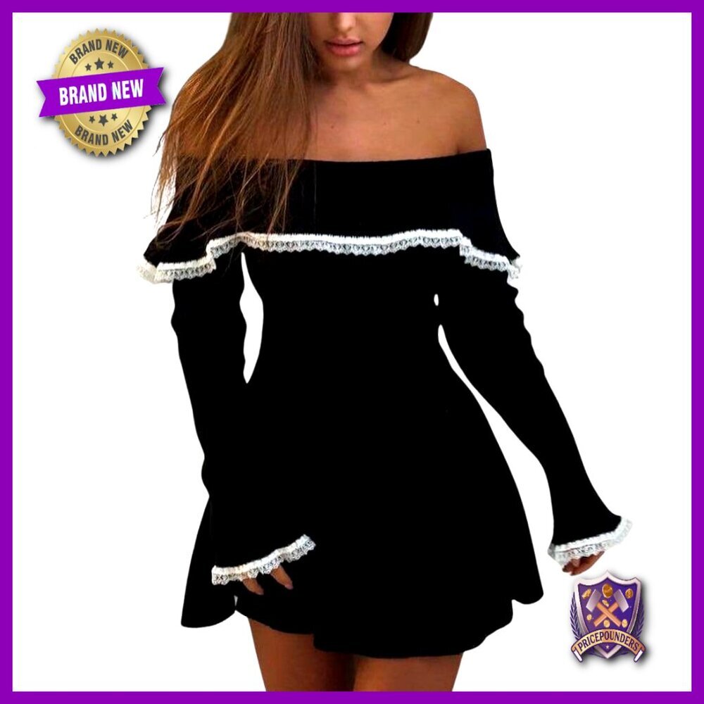 Off Shoulder Long Sleeve Bodycon Sweater Dress Lace Trim Ribbed Knit Mini